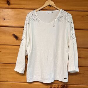 Calvin Klein Sparkly Boat Neck Top Womens L White Long Sleeve Beaded Sweater